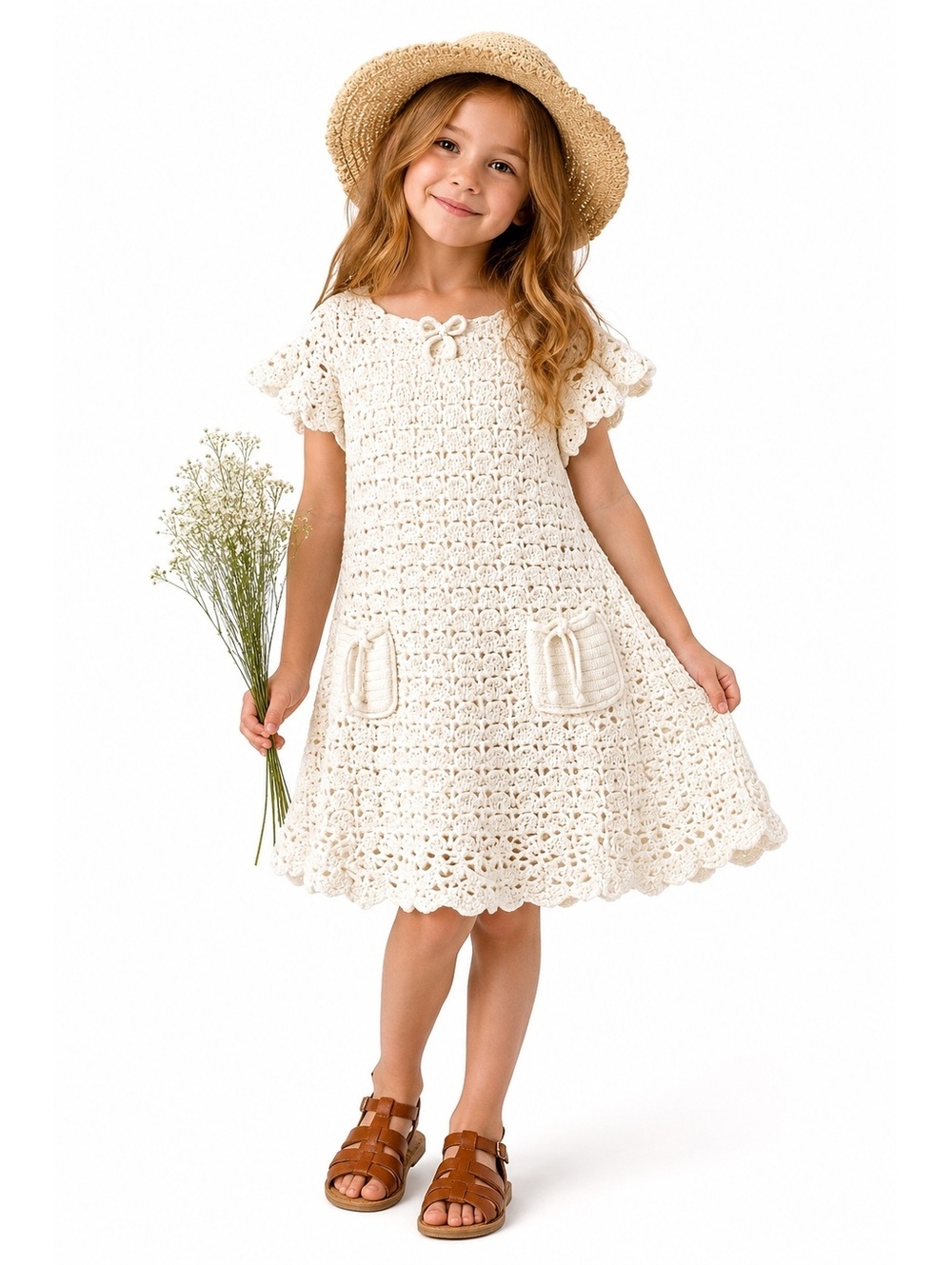 H&M Hand Crochet White Lined Dress Girls 6-7Y Boho Cottagecore EUC
